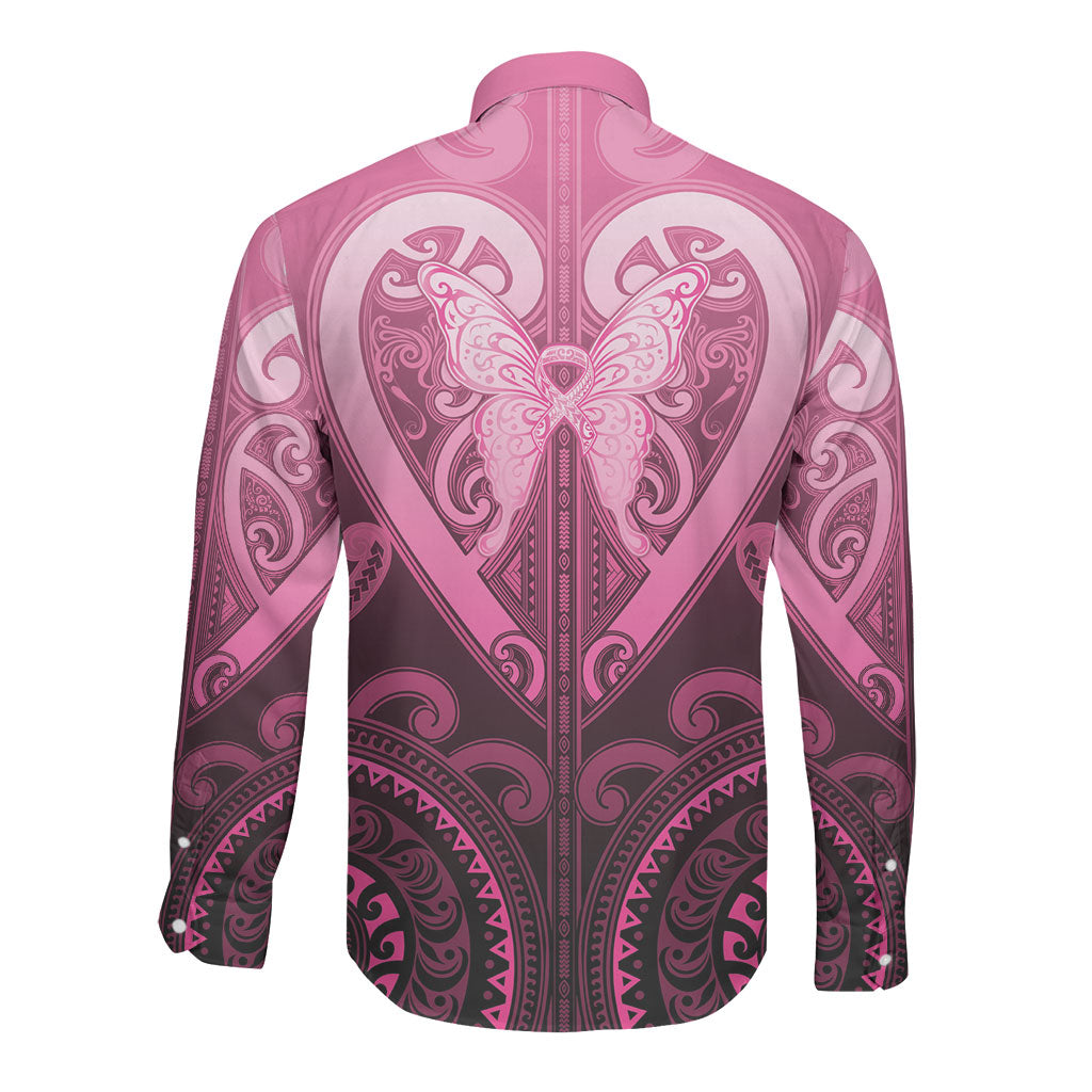 Aotearoa Breast Cancer Long Sleeve Button Shirt Maori Tribal Pattern