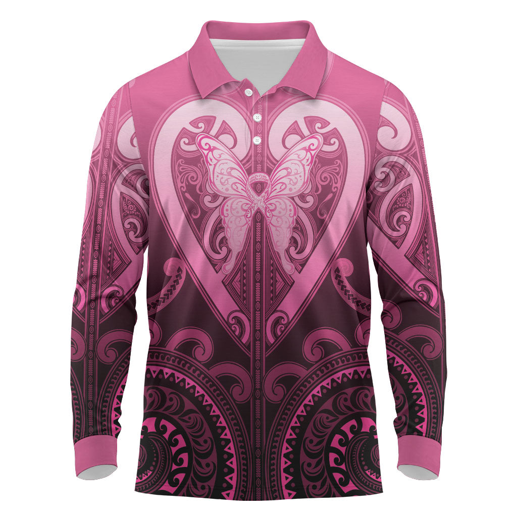 Aotearoa Breast Cancer Long Sleeve Polo Shirt Maori Tribal Pattern