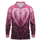 Aotearoa Breast Cancer Long Sleeve Polo Shirt Maori Tribal Pattern