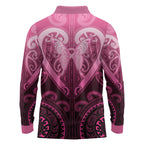 Aotearoa Breast Cancer Long Sleeve Polo Shirt Maori Tribal Pattern