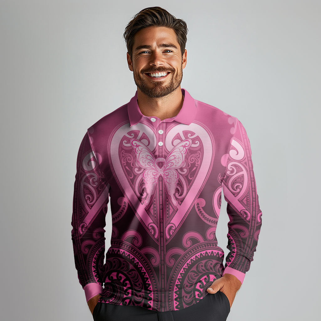 Aotearoa Breast Cancer Long Sleeve Polo Shirt Maori Tribal Pattern