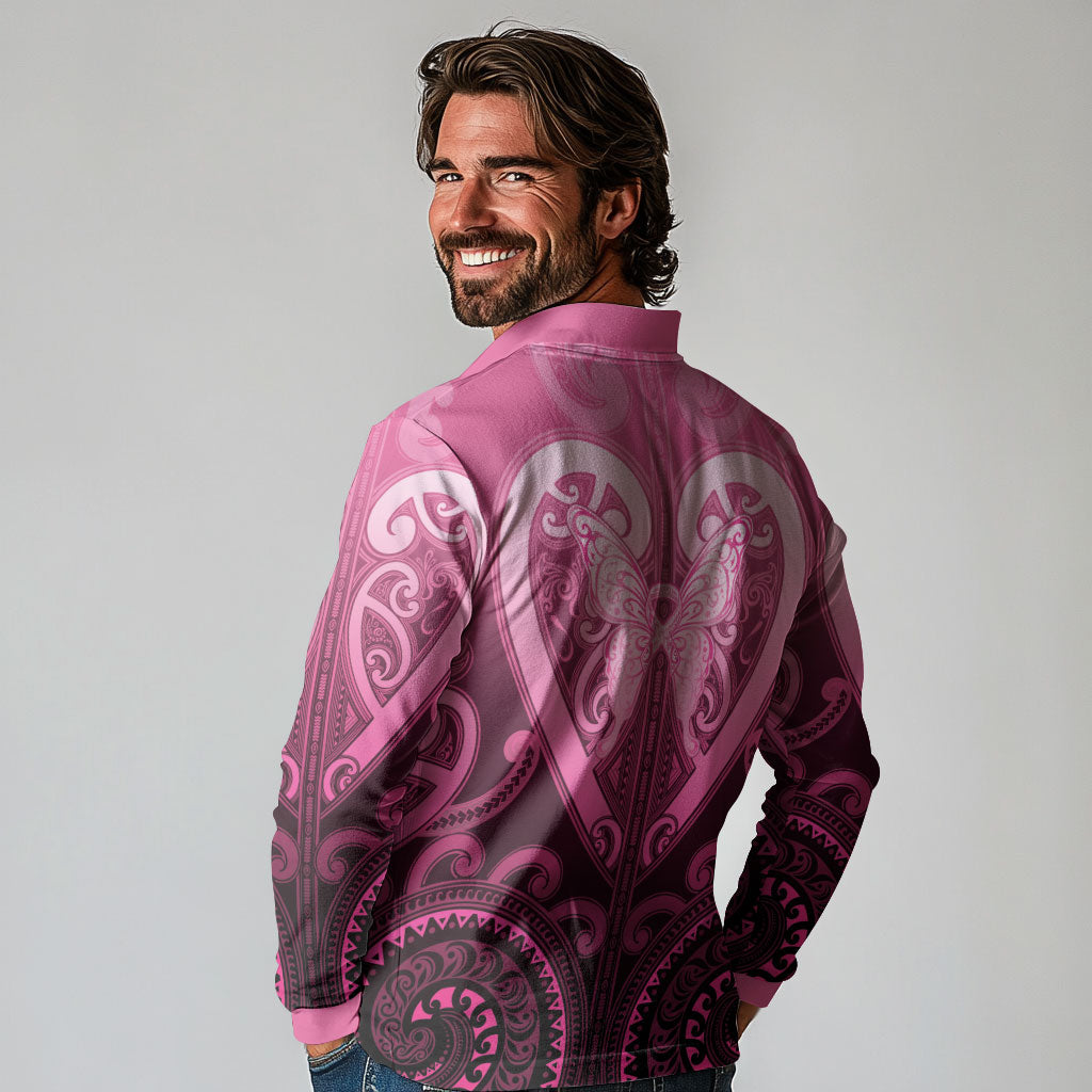 Aotearoa Breast Cancer Long Sleeve Polo Shirt Maori Tribal Pattern