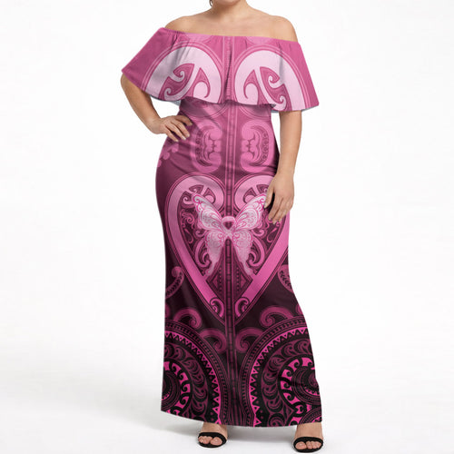 Aotearoa Breast Cancer Off Shoulder Maxi Dress Maori Tribal Pattern