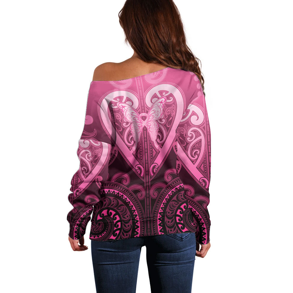 Aotearoa Breast Cancer Off Shoulder Sweater Maori Tribal Pattern