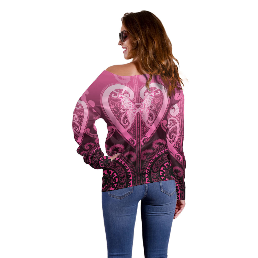 Aotearoa Breast Cancer Off Shoulder Sweater Maori Tribal Pattern