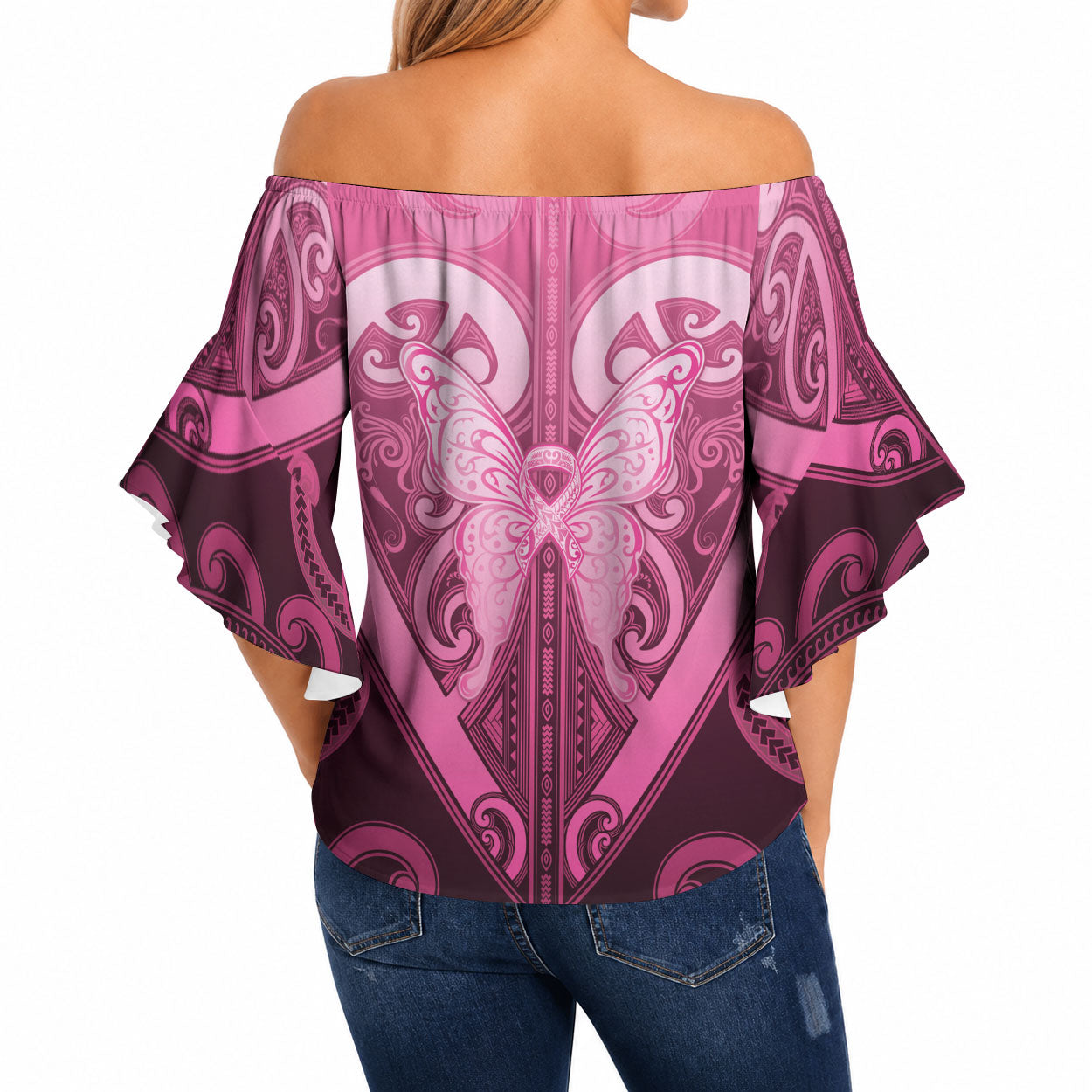 Aotearoa Breast Cancer Off Shoulder Wrap Waist Top Maori Tribal Pattern