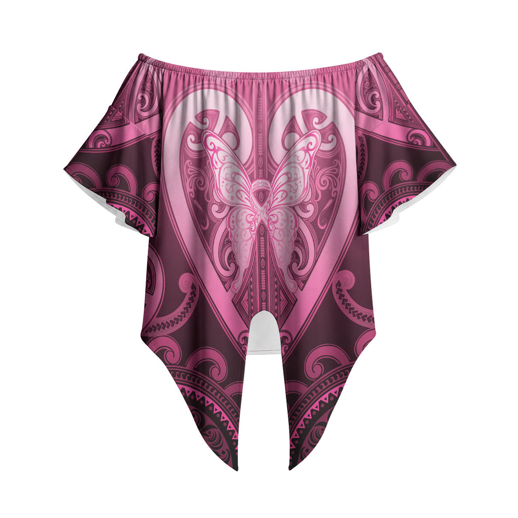 Aotearoa Breast Cancer Off Shoulder Wrap Waist Top Maori Tribal Pattern
