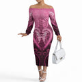 Aotearoa Breast Cancer Off The Shoulder Long Sleeve Dress Maori Tribal Pattern