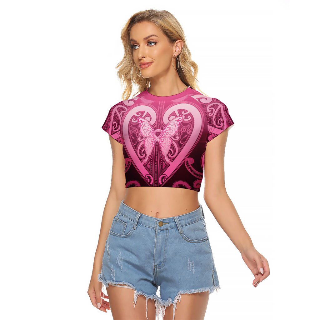 Aotearoa Breast Cancer Raglan Cropped T Shirt Maori Tribal Pattern