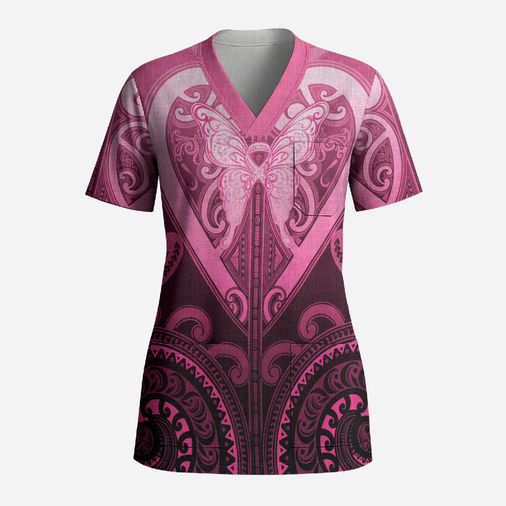 Aotearoa Breast Cancer Scrub Top Maori Tribal Pattern