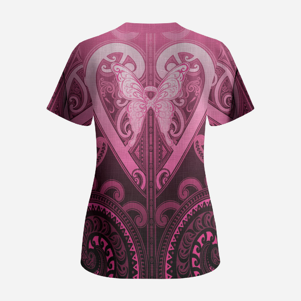 Aotearoa Breast Cancer Scrub Top Maori Tribal Pattern