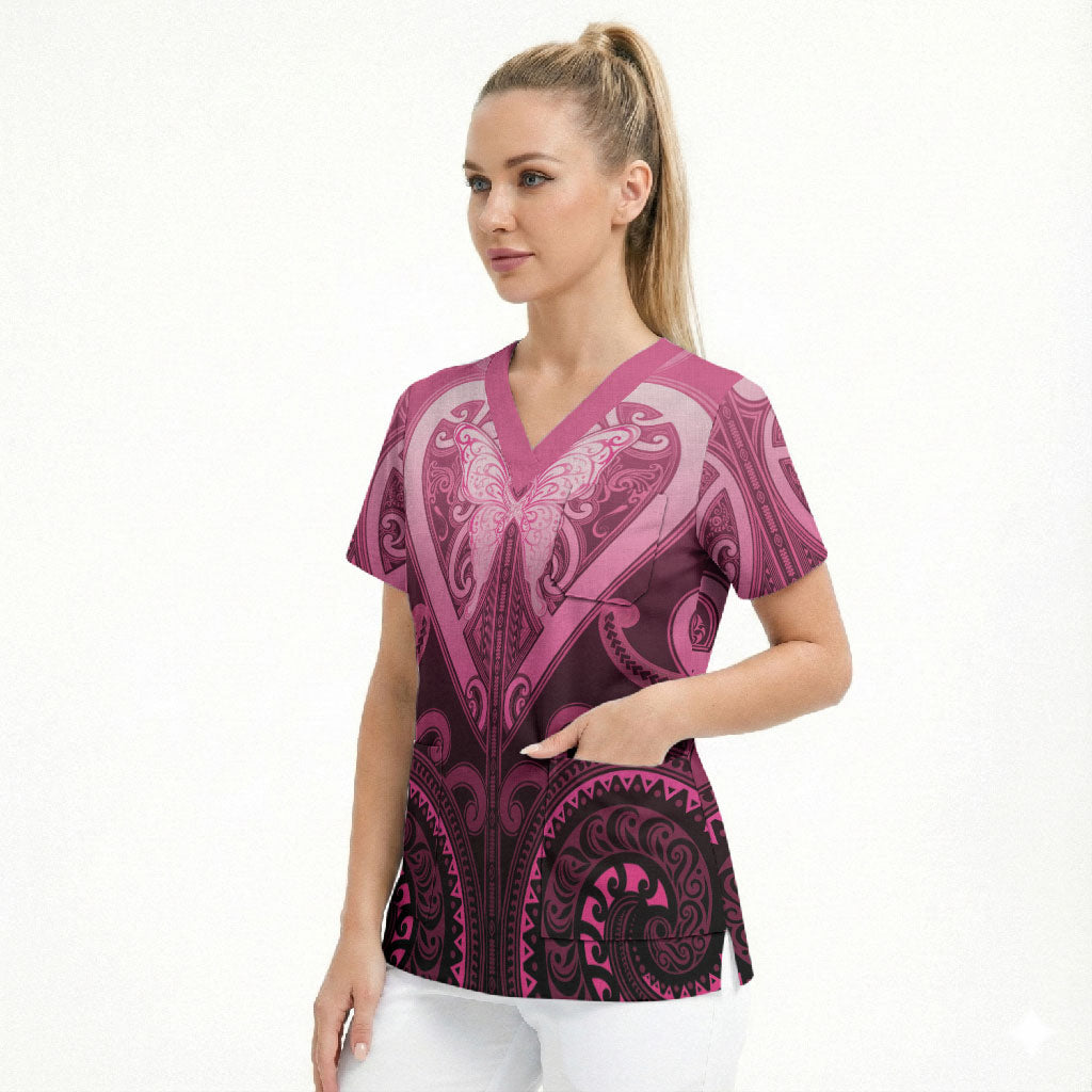 Aotearoa Breast Cancer Scrub Top Maori Tribal Pattern