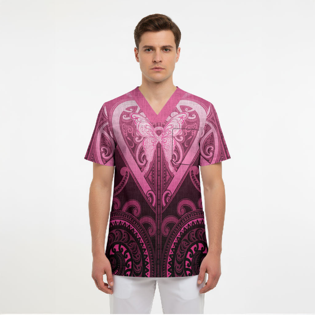 Aotearoa Breast Cancer Scrub Top Maori Tribal Pattern