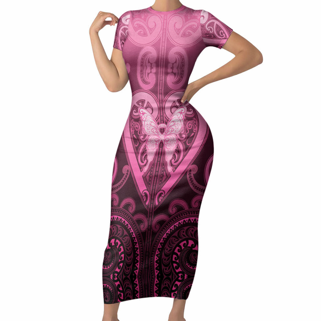 Aotearoa Breast Cancer Short Sleeve Bodycon Dress Maori Tribal Pattern