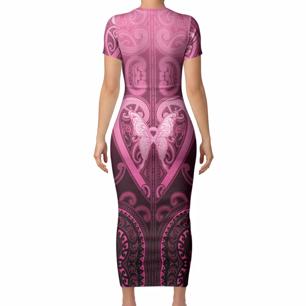 Aotearoa Breast Cancer Short Sleeve Bodycon Dress Maori Tribal Pattern