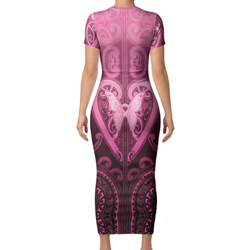 Aotearoa Breast Cancer Short Sleeve Bodycon Dress Maori Tribal Pattern