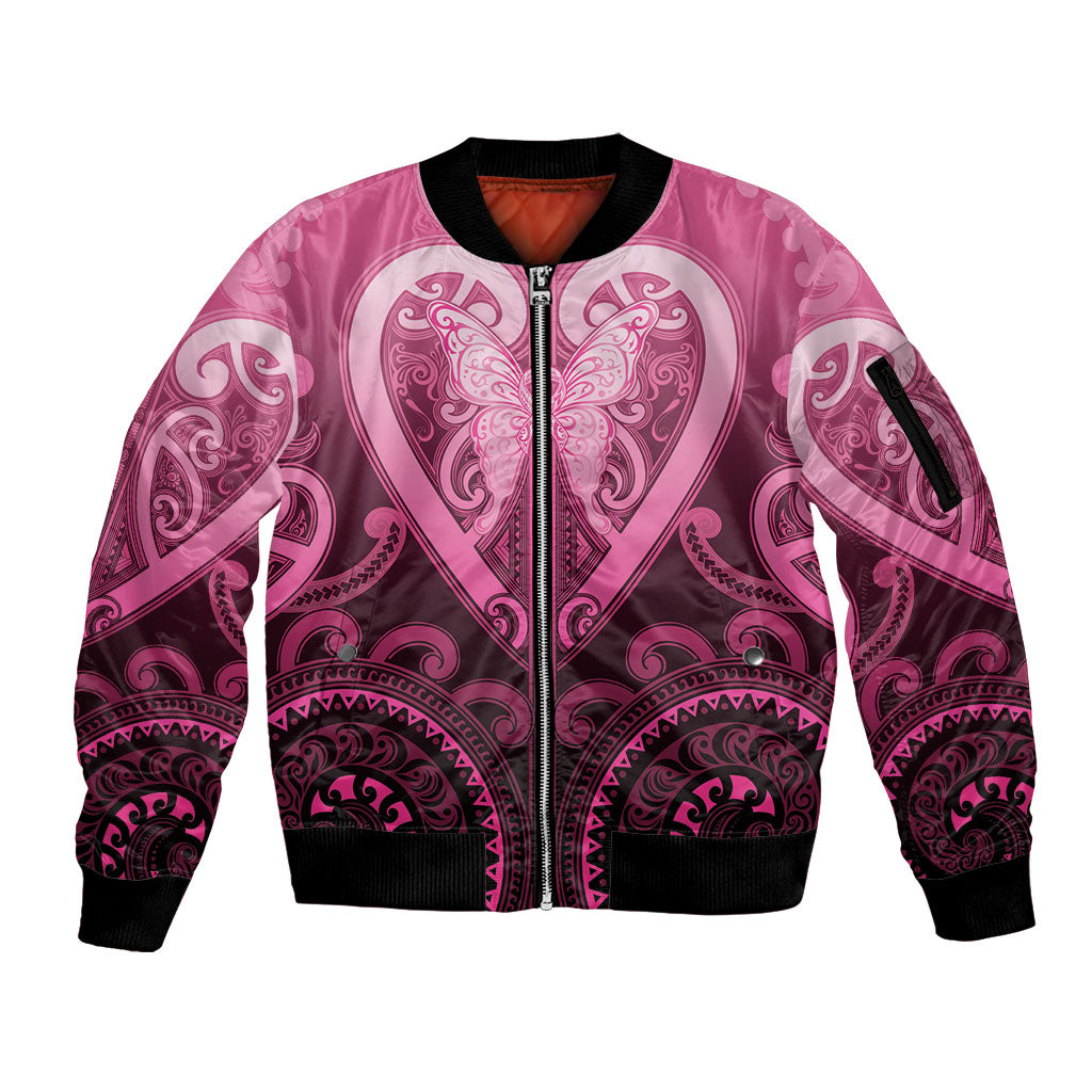 Aotearoa Breast Cancer Sleeve Zip Bomber Jacket Maori Tribal Pattern