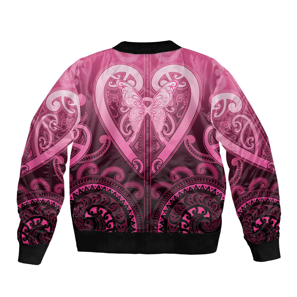 Aotearoa Breast Cancer Sleeve Zip Bomber Jacket Maori Tribal Pattern