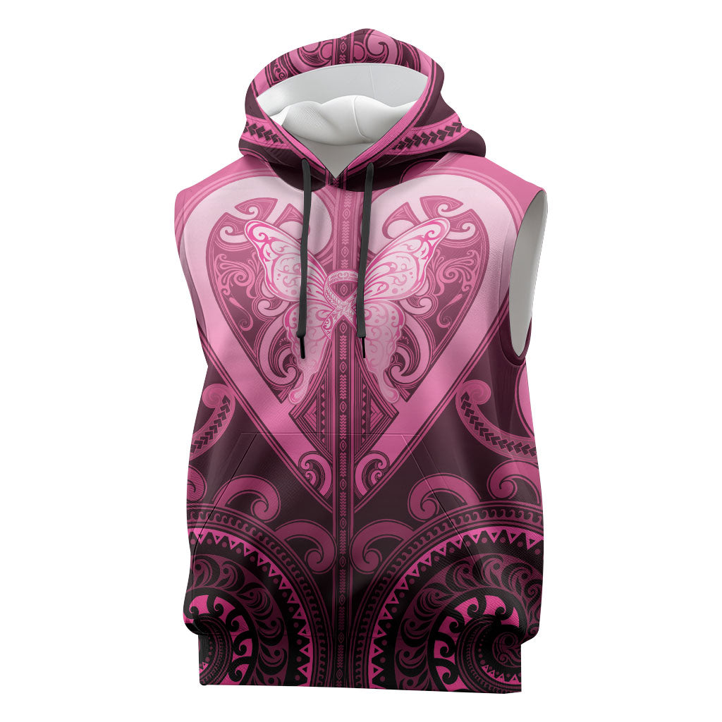Aotearoa Breast Cancer Sleeveless Hoodie Maori Tribal Pattern
