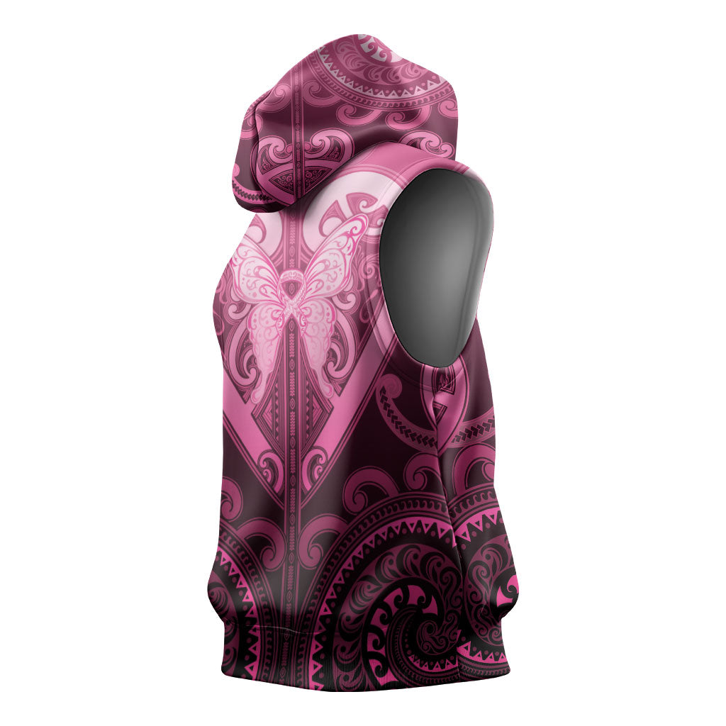 Aotearoa Breast Cancer Sleeveless Hoodie Maori Tribal Pattern