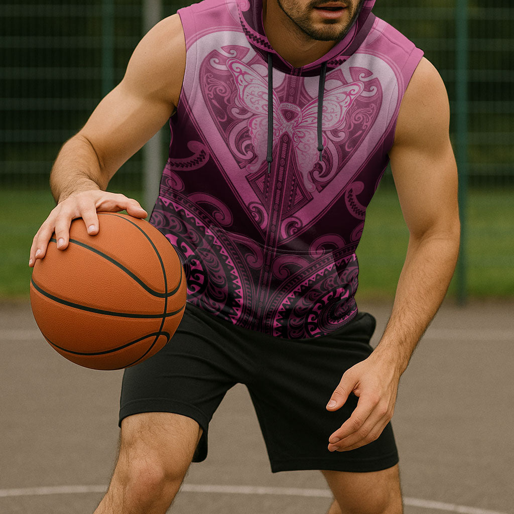 Aotearoa Breast Cancer Sleeveless Hoodie Maori Tribal Pattern