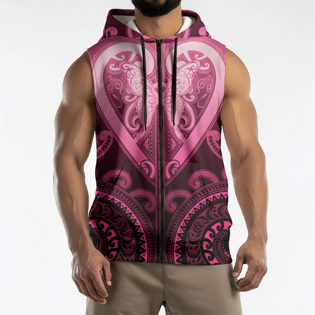 Aotearoa Breast Cancer Sleeveless Zip Hoodie Maori Tribal Pattern