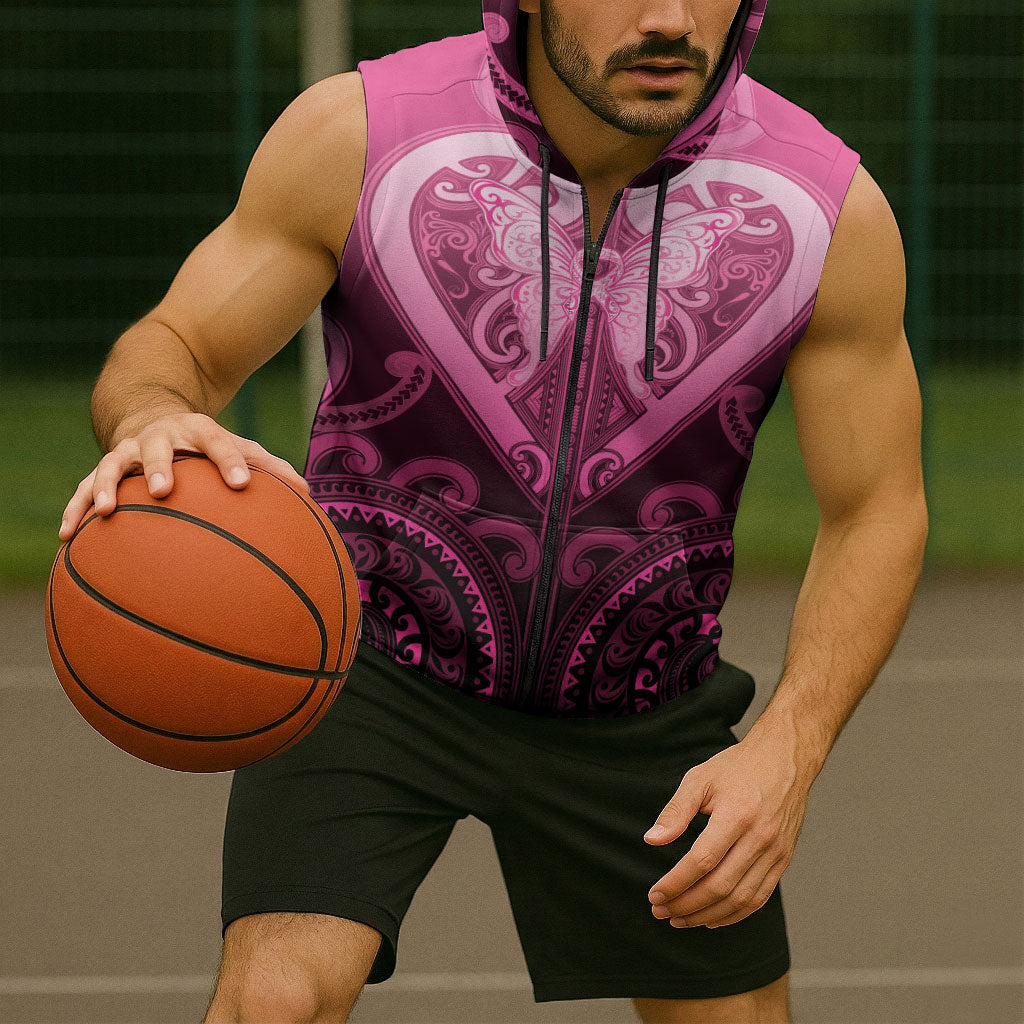 Aotearoa Breast Cancer Sleeveless Zip Hoodie Maori Tribal Pattern