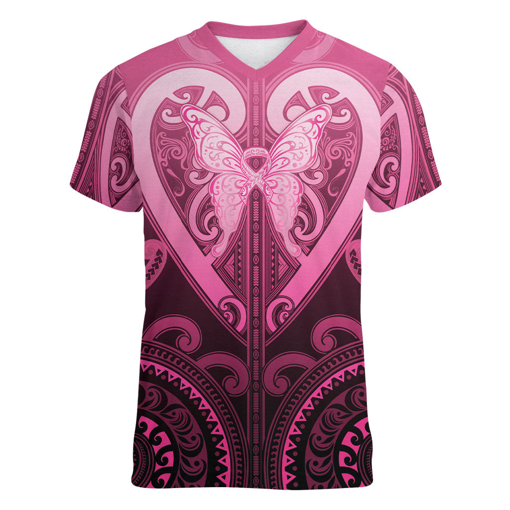 Aotearoa Breast Cancer Women V-Neck T-Shirt Maori Tribal Pattern