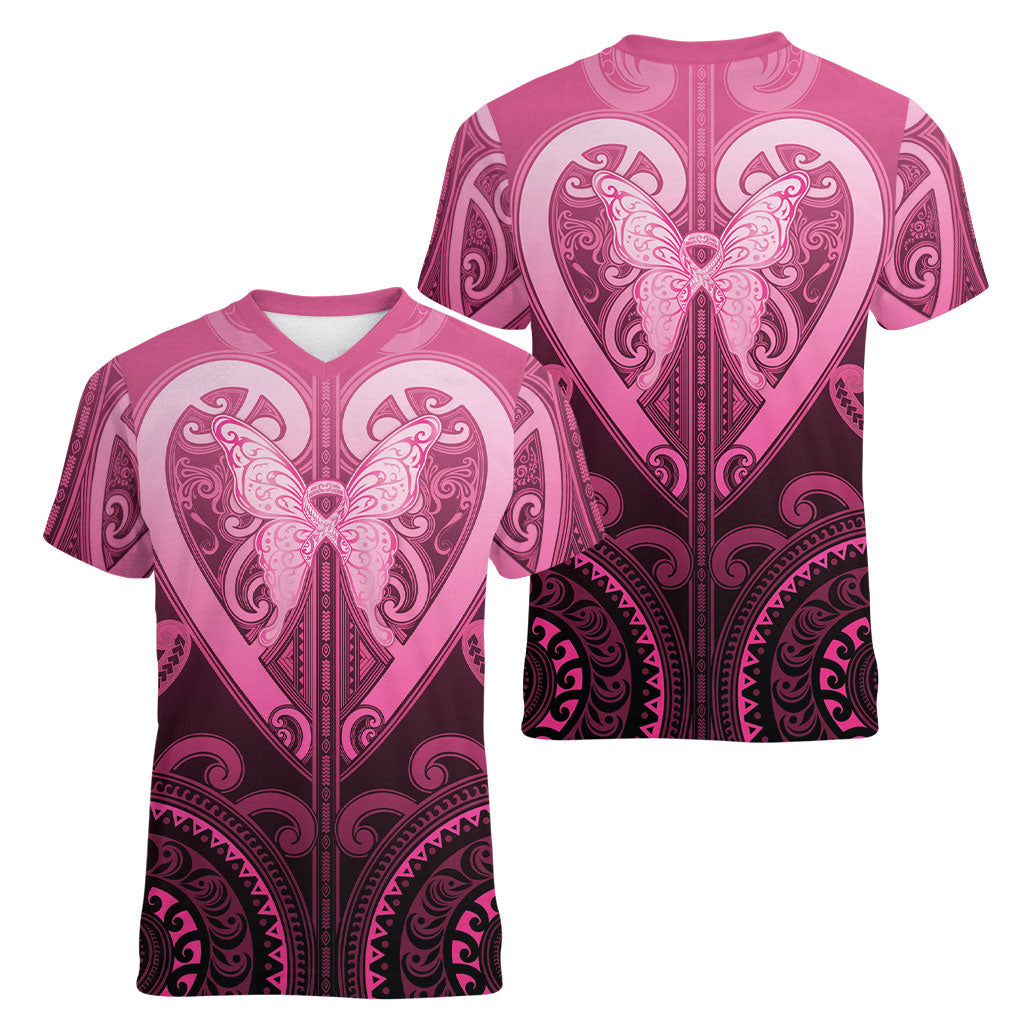 Aotearoa Breast Cancer Women V-Neck T-Shirt Maori Tribal Pattern