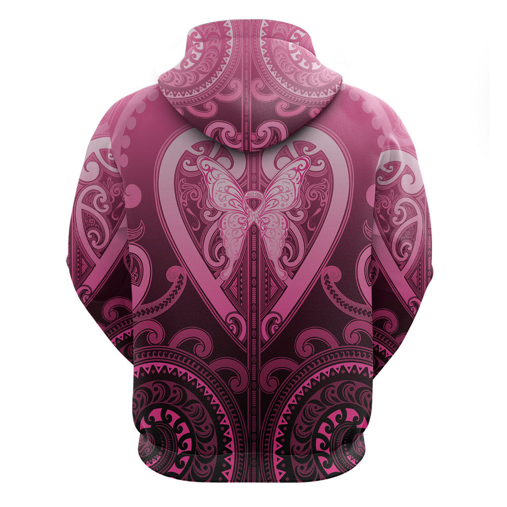 Aotearoa Breast Cancer Zip Hoodie Maori Tribal Pattern