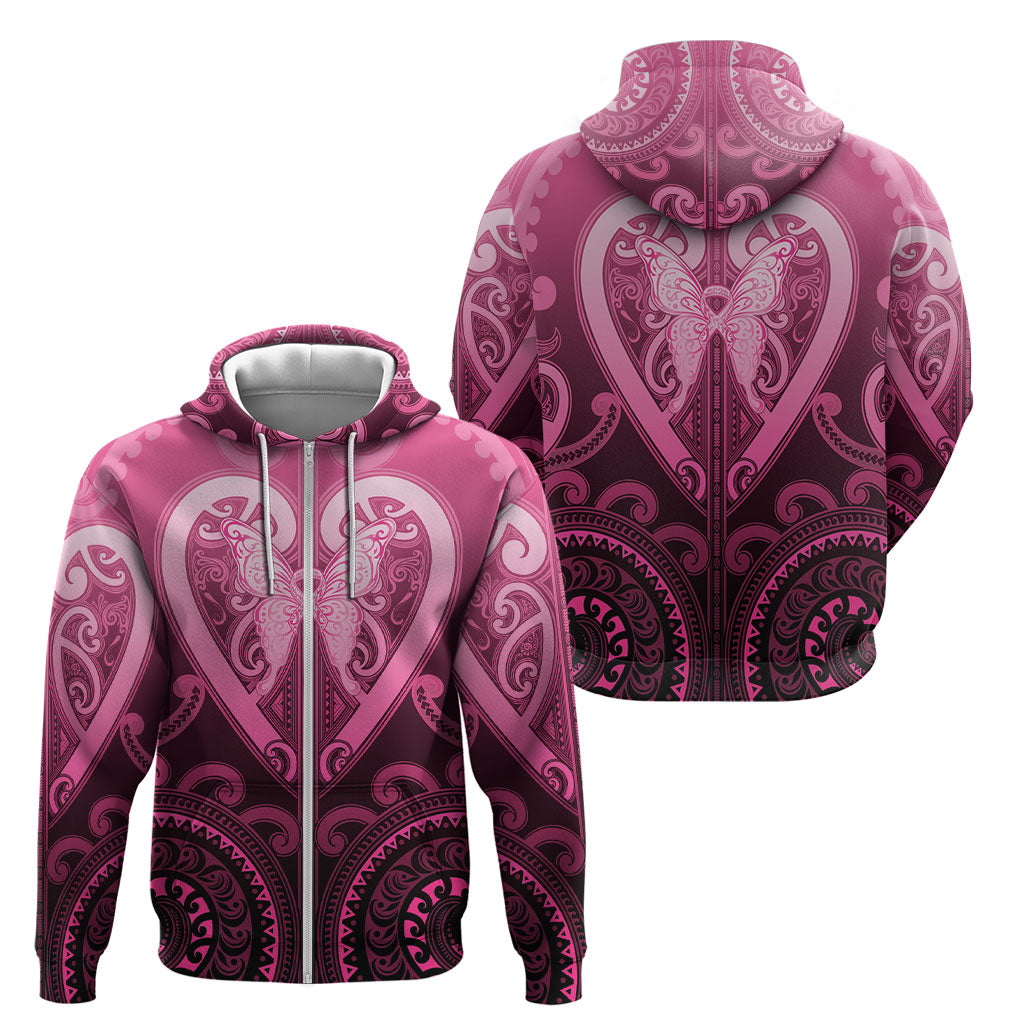 Aotearoa Breast Cancer Zip Hoodie Maori Tribal Pattern