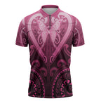 Aotearoa Breast Cancer Zipper Polo Shirt Maori Tribal Pattern