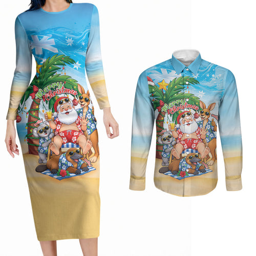 Aussie Christmas Couples Matching Long Sleeve Bodycon Dress and Long Sleeve Button Shirt Santa Summer Vibes