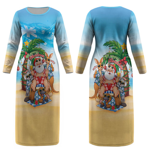 Aussie Christmas Couples Matching Long Sleeve Bodycon Dress and Long Sleeve Button Shirt Santa Summer Vibes