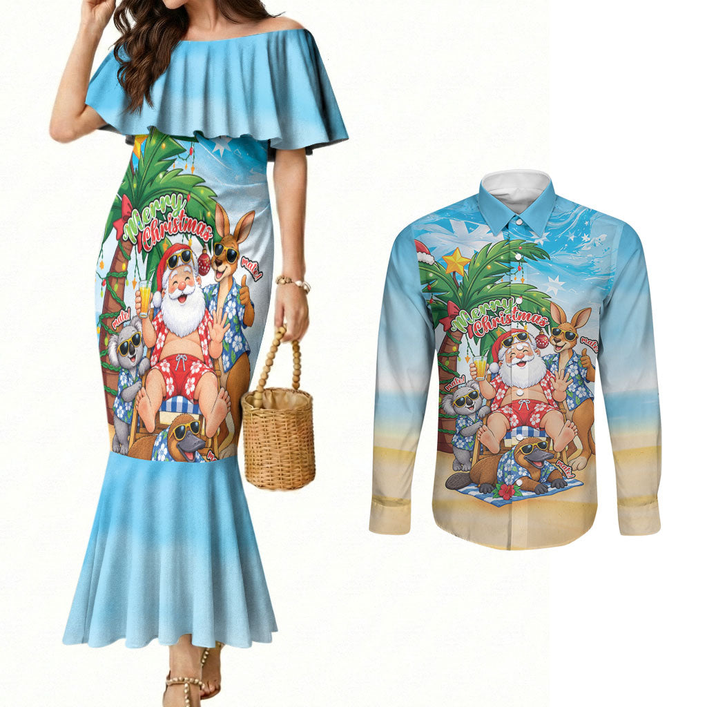 Aussie Christmas Couples Matching Mermaid Dress and Long Sleeve Button Shirt Santa Summer Vibes