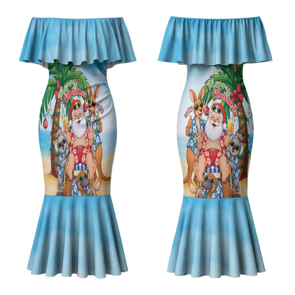 Aussie Christmas Couples Matching Mermaid Dress and Long Sleeve Button Shirt Santa Summer Vibes
