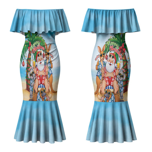 Aussie Christmas Couples Matching Mermaid Dress and Long Sleeve Button Shirt Santa Summer Vibes