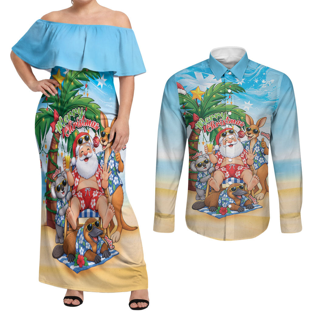 Aussie Christmas Couples Matching Off Shoulder Maxi Dress and Long Sleeve Button Shirt Santa Summer Vibes