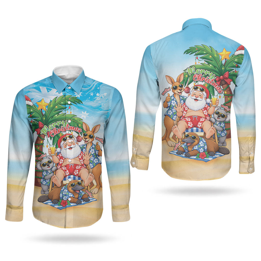 Aussie Christmas Couples Matching Off Shoulder Maxi Dress and Long Sleeve Button Shirt Santa Summer Vibes