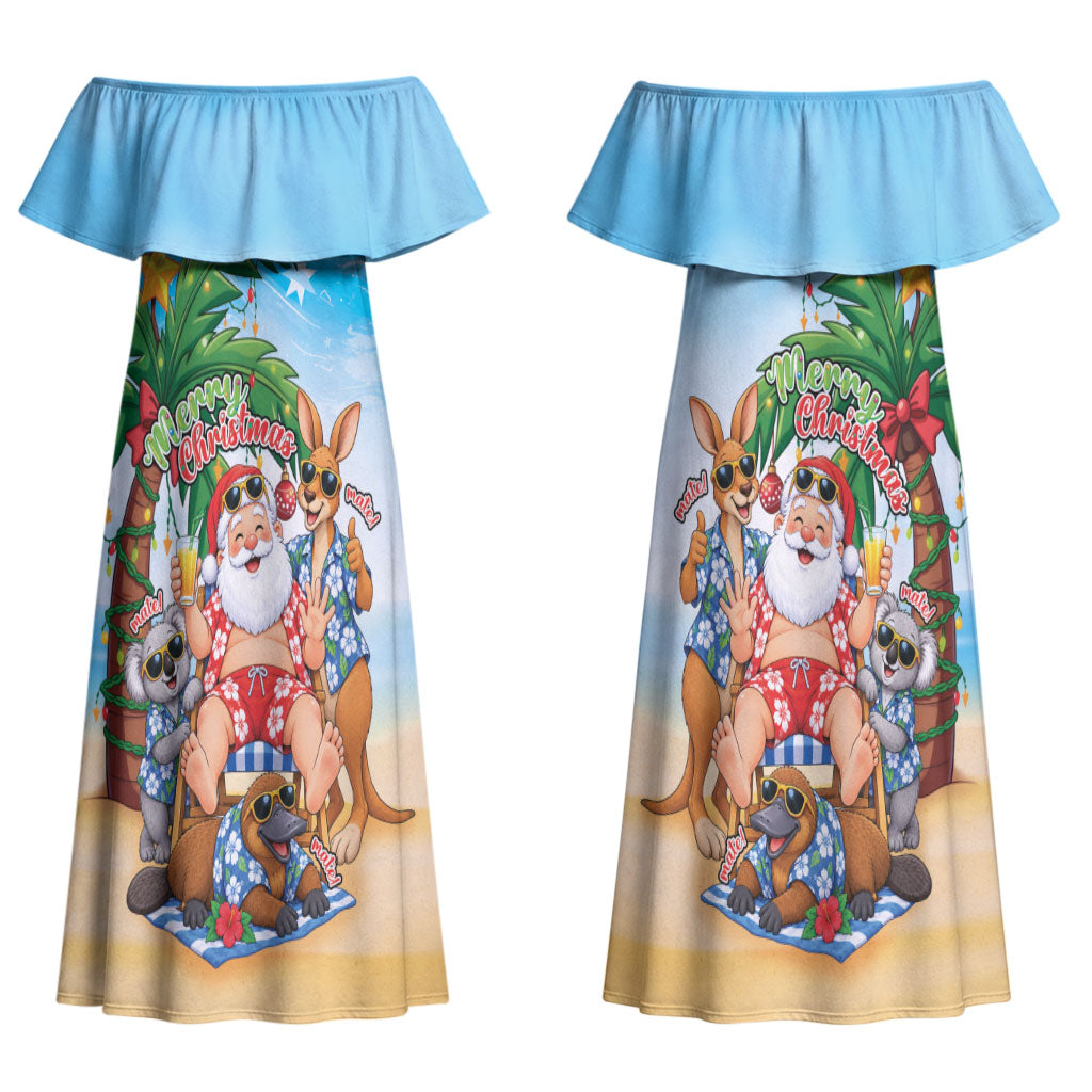 Aussie Christmas Couples Matching Off Shoulder Maxi Dress and Long Sleeve Button Shirt Santa Summer Vibes