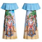 Aussie Christmas Couples Matching Off Shoulder Maxi Dress and Long Sleeve Button Shirt Santa Summer Vibes