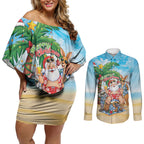 Aussie Christmas Couples Matching Off Shoulder Short Dress and Long Sleeve Button Shirt Santa Summer Vibes