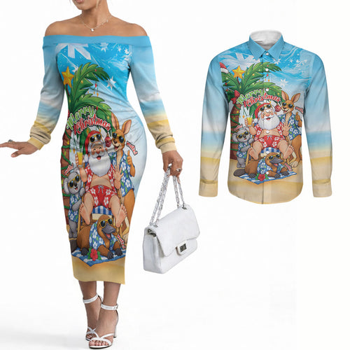 Aussie Christmas Couples Matching Off The Shoulder Long Sleeve Dress and Long Sleeve Button Shirt Santa Summer Vibes
