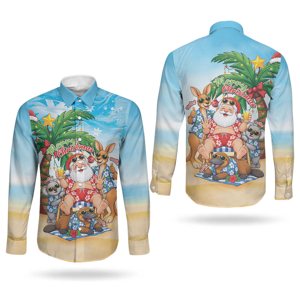 Aussie Christmas Couples Matching Off The Shoulder Long Sleeve Dress and Long Sleeve Button Shirt Santa Summer Vibes