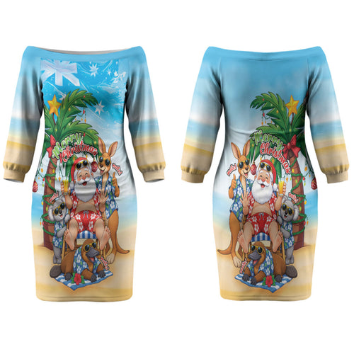 Aussie Christmas Couples Matching Off The Shoulder Long Sleeve Dress and Long Sleeve Button Shirt Santa Summer Vibes