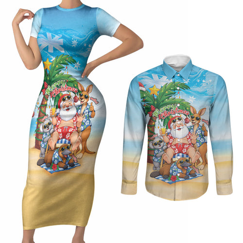 Aussie Christmas Couples Matching Short Sleeve Bodycon Dress and Long Sleeve Button Shirt Santa Summer Vibes
