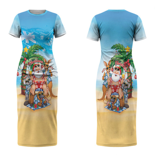 Aussie Christmas Couples Matching Short Sleeve Bodycon Dress and Long Sleeve Button Shirt Santa Summer Vibes