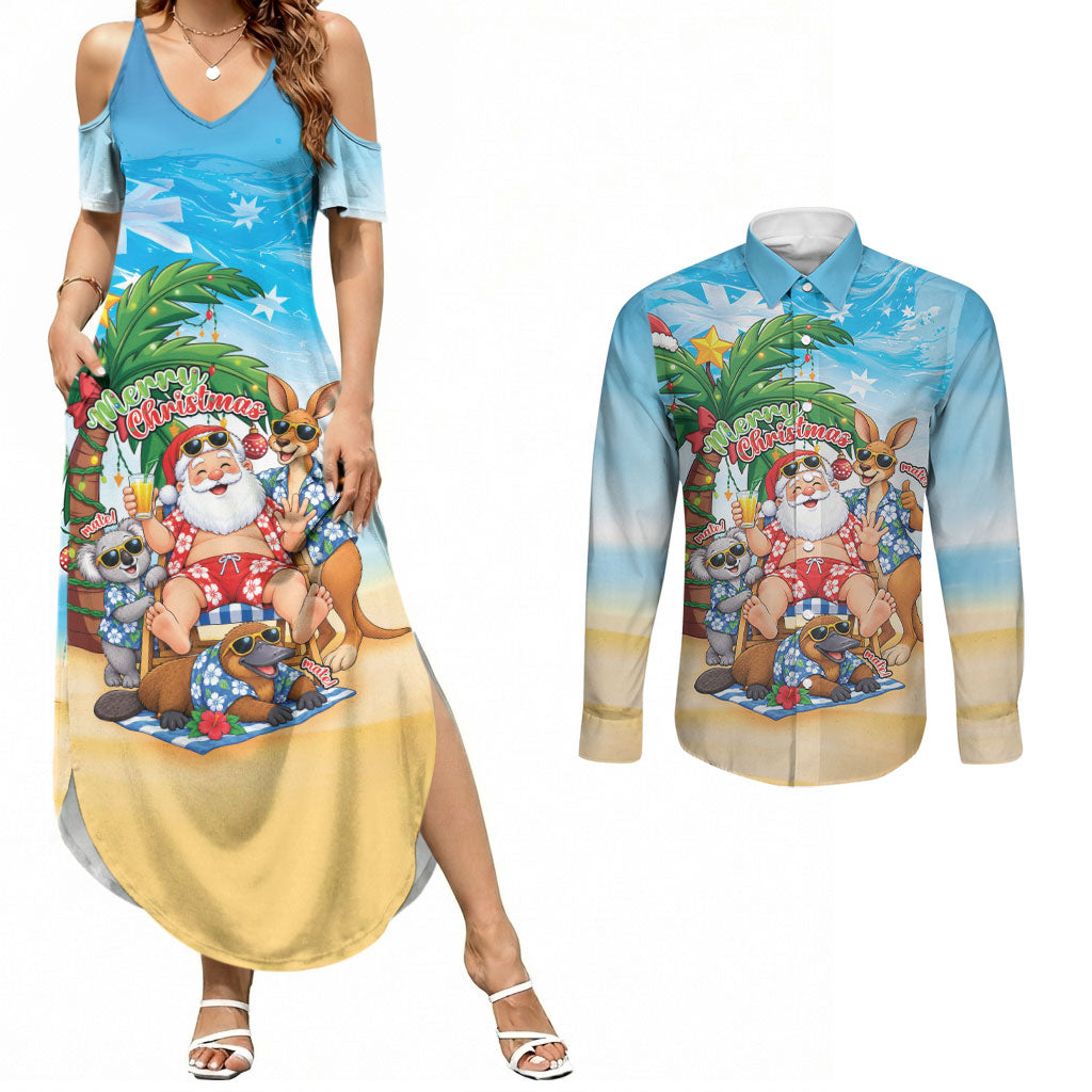 Aussie Christmas Couples Matching Summer Maxi Dress and Long Sleeve Button Shirt Santa Summer Vibes