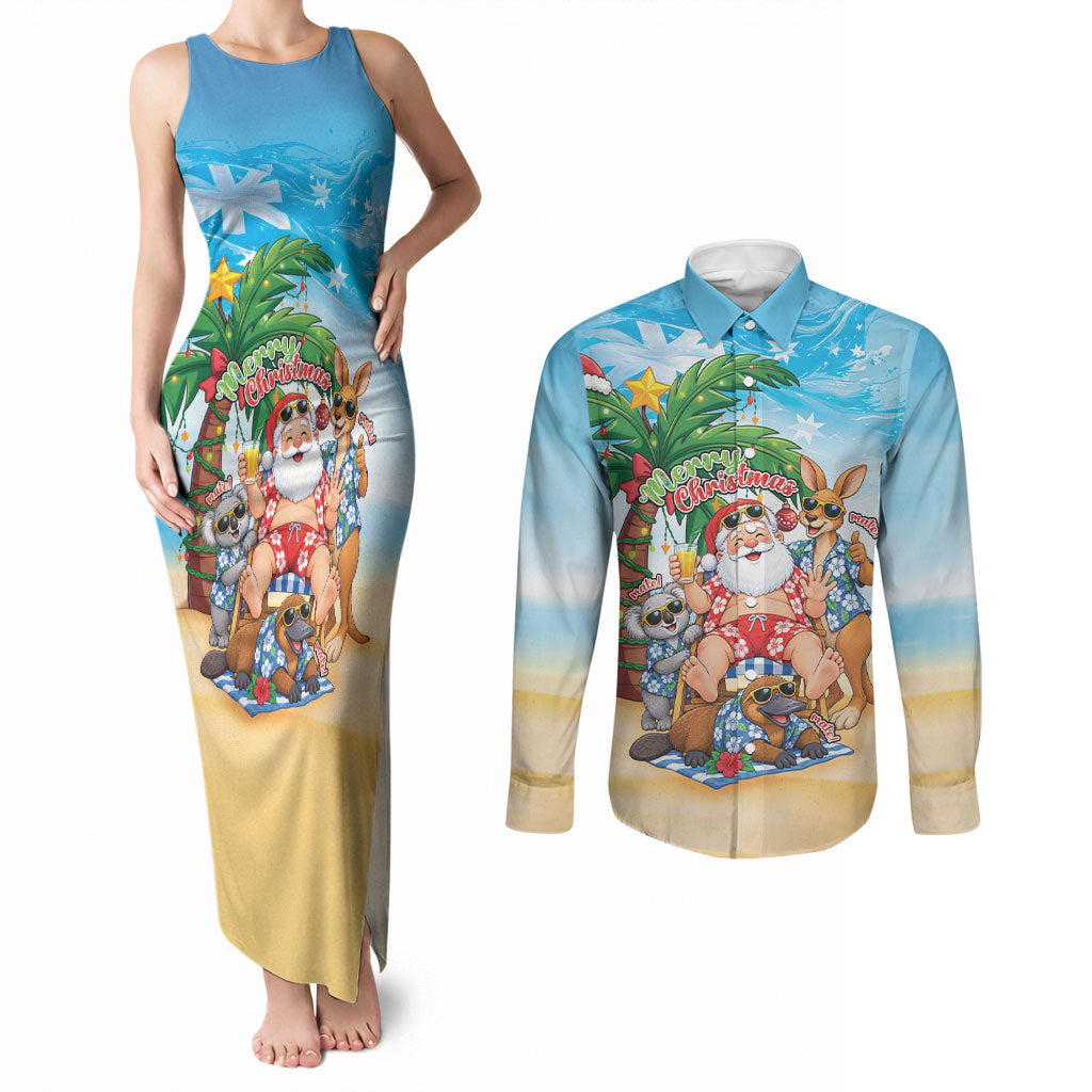 Aussie Christmas Couples Matching Tank Maxi Dress and Long Sleeve Button Shirt Santa Summer Vibes