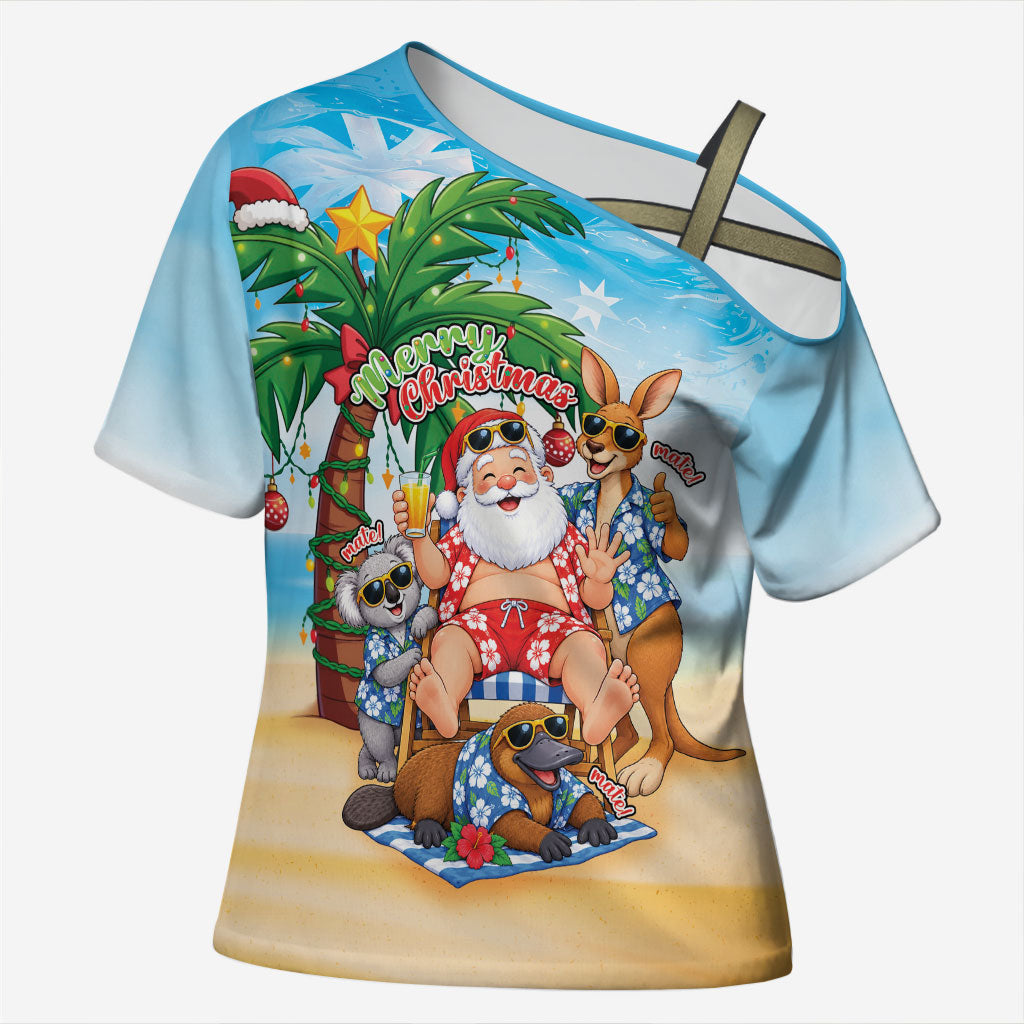 Aussie Christmas Cross Shoulder Shirt Santa Summer Vibes